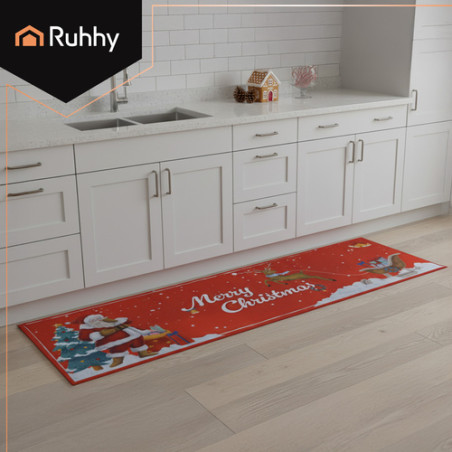 Covor tip traversa, 160x50 cm, motive de Craciun, baza antiderapanta, rosu