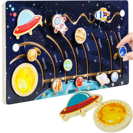 Joc educativ sistemul solar, labirint interactiv, constructie din lemn, multicolor