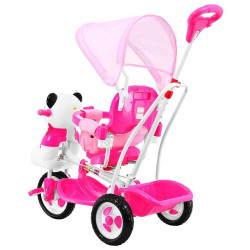 Tricicleta copii 2 in 1, balansoar cu melodii, suport picioare detasabil, spatiu depozitare, Panda roz