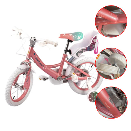 Bicicleta pentru copii, 14 inch, roti ajutatoare, scaun papusi, frane V-brake, aparatoare lant, unicorn roz, RESIGILAT