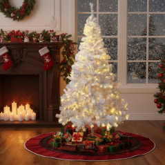 Brad alb artificial iluminat, 195 cm, 360 LED-uri alb cald, 936 ramuri dense, suport metalic