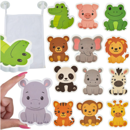 Set 12 figurine din spuma, animale multicolor, jucarie de baie, husa din plasa cu ventuze
