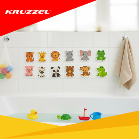 Set 12 figurine din spuma, animale multicolor, jucarie de baie, husa din plasa cu ventuze