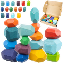 Joc creativ Montessori, pietre in echilibru, 16 blocuri multicolore, lemn