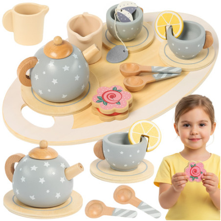 Set servit ceai, tava, ceainic, cesti, accesorii, lemn multicolor, 3 ani+