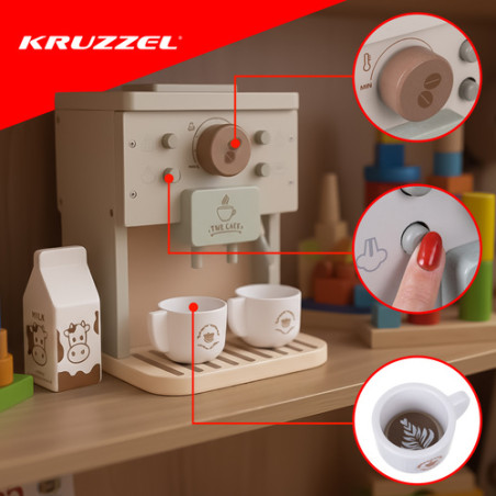 Aparat de cafea de jucarie, 2 cani, cutie lapte, capsule cafea, lemn