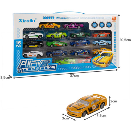 Set 16 masinute cu arc metalic pentru copii, 1:64, ABS si aluminiu, multicolore