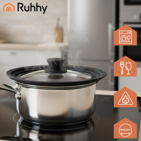 Capac universal 3 in 1, 3 dimensiuni diferite, 18/20/22 cm, silicon si sticla