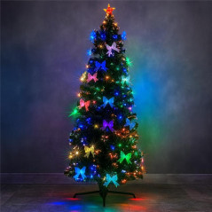 Brad artificial 210 cm, fundite si fibra optica, stea in varf, lumini multicolore, suport metalic, verde