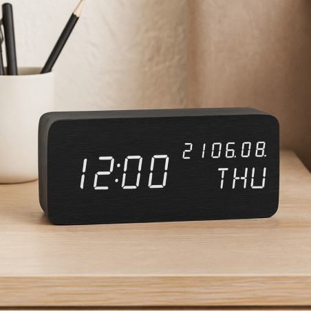 Ceas LED digital, de birou, afisaj temperatura/umiditate, alarma, alimentare duala, MDF, negru