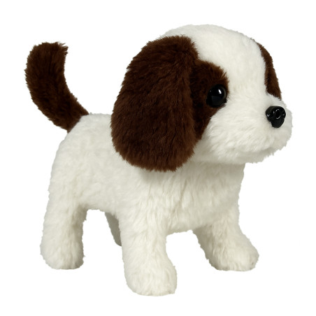 Catelus interactiv pentru copii, merge, latra, misca din codita, maro inchis/alb, 19x16x10 cm