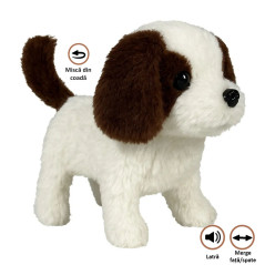 Catelus interactiv pentru copii, merge, latra, misca din codita, maro inchis/alb, 19x16x10 cm