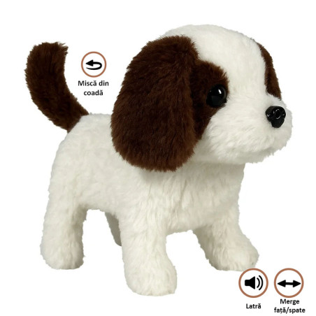 Catelus interactiv pentru copii, merge, latra, misca din codita, maro inchis/alb, 19x16x10 cm