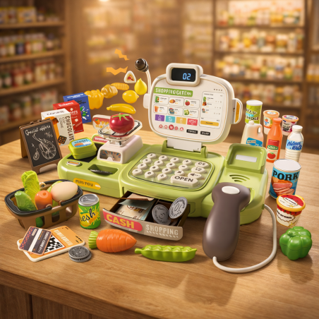 Casa de marcat inteligenta pentru copii, 77 piese, scanner, comanda vocala, banda produse, cantar, alimente