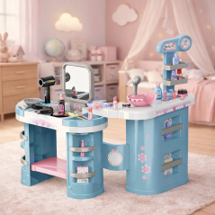 Stand coafor de jucarie, uscator si placa par electrice, oglinda, machiaj, multiple rafturi