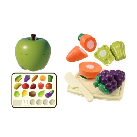 Joc taiat legume si fructe, 23 piese, fixare cu velcro, cutit, tocator, farfurii