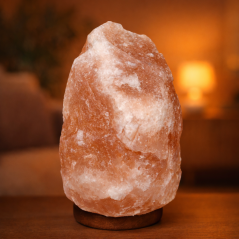 Lampa de sare decorativa, 5-6 kg, baza din lemn