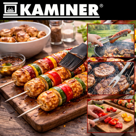 Ustensile gratar, set 5 piese din otel inoxidabil, husa cu manere