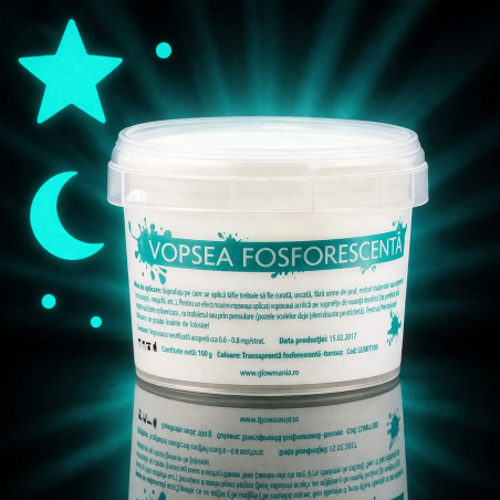 Vopsea glow in the dark fosforescenta, luminescenta, transparenta care lumineaza turcoaz