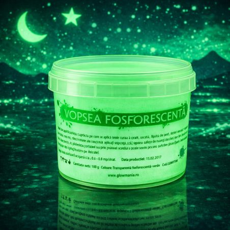 Vopsea glow in the dark fosforescenta, luminescenta, transparenta care lumineaza verde