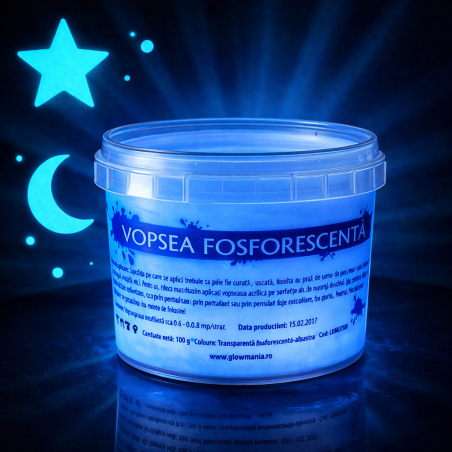 Vopsea glow in the dark fosforescenta, luminescenta, transparenta care lumineaza albastru