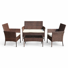 Set mobilier gradina, structura metalica, 4 piese, fotolii, canapea, masuta, ratan PE impletit, maro