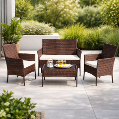 Set mobilier gradina, structura metalica, 4 piese, fotolii, canapea, masuta, model ratan, maro