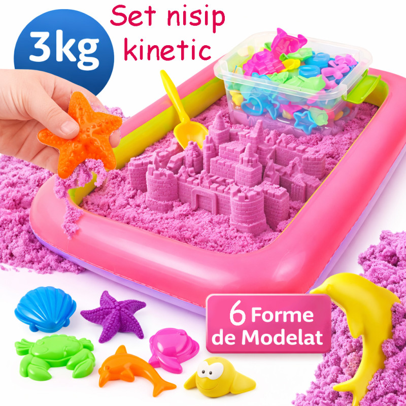 Nisip kinetic roz, 6 forme diverse, cutie gonflabila 45x58 cm, 3 kg