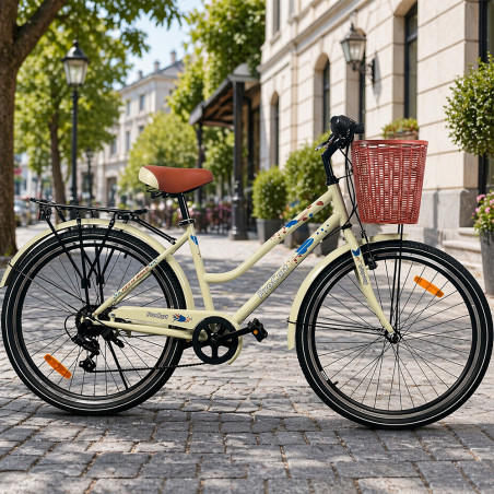 Bicicleta dama, 26 inch, 7 viteze, cos cumparaturi, portbagaj, V-brake, crem