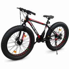 Bicicleta Fat Bike 26 inch, 21 viteze, schimbator Shimano, anvelope 4 inch, frane pe disc, negru rosu