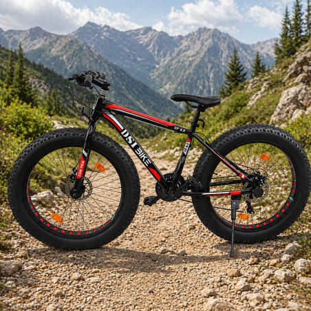 Bicicleta Fat Bike 26 inch, 21 viteze, schimbator Shimano, anvelope 4 inch, frane pe disc, negru rosu