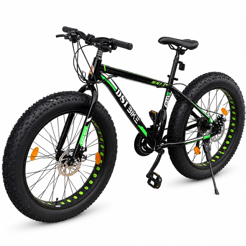 Procart Bicicleta Fat Bike, roti 26 inch, cadru 17 inch, schimbator Shimano, 21 viteze, frane pe disc, negru/verde