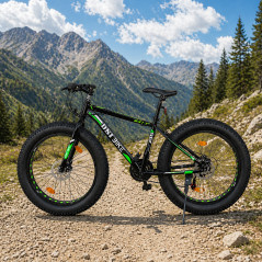 Bicicleta Fat Bike, roti 26 inch, cadru 17 inch, schimbator Shimano, 21 viteze, frane pe disc, negru/verde
