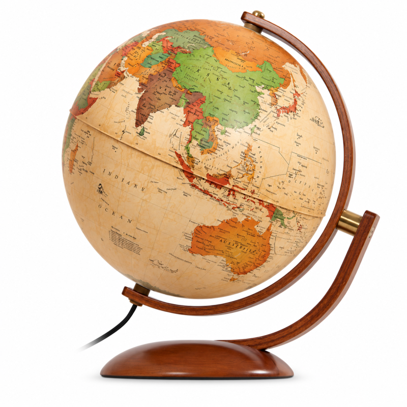 Glob geografic politic Optimus, iluminat, 30 cm, rotire 2 planuri, lemn cires
