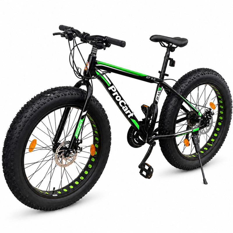frane bicicleta Bicicleta Fat Bike, roti 26 inch, cadru 17 inch, schimbator Shimano, 21 viteze, frane pe disc, negru/verde