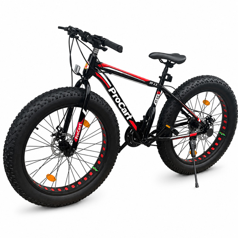 frane bicicleta Bicicleta Fat Bike 26 inch, 21 viteze, schimbator Shimano, anvelope 4 inch, frane pe disc, negru rosu