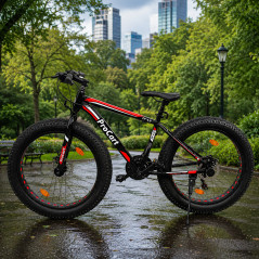 Bicicleta Fat Bike 26 inch, 21 viteze, schimbator Shimano, anvelope 4 inch, frane pe disc, negru rosu