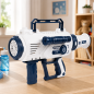 Pistol pentru baloane de sapun, 12 orificii, maner transport, solutie inclusa, lumini si muzica Pistol pentru baloane de sapun, 12 orificii, maner transport, solutie inclusa, lumini si muzica