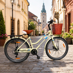 Bicicleta dama 26 inch, schimbator Shimano 7 viteze, frane pe disc, cos cumparaturi, portbagaj