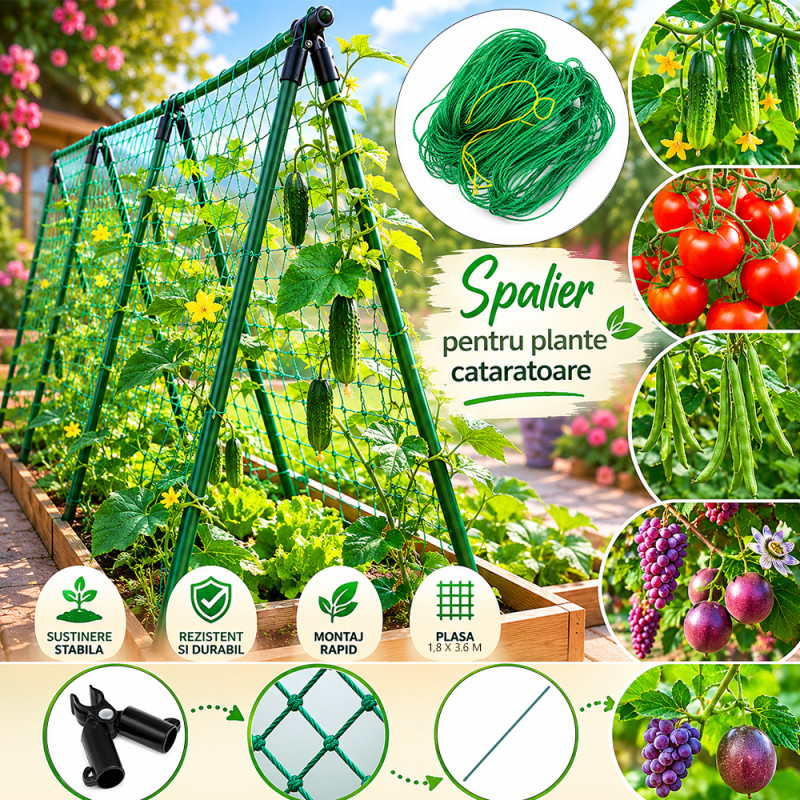 Spalier gradina pentru plante cataratoare, tip A, 180 cm, plasa inclusa 1.8x3.6 m, cadru otel 16 mm