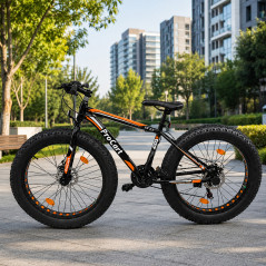 Bicicleta Fat Bike 26 inch, 21 viteze Shimano, frane pe disc, anvelope 4 inch, portocaliu/negru