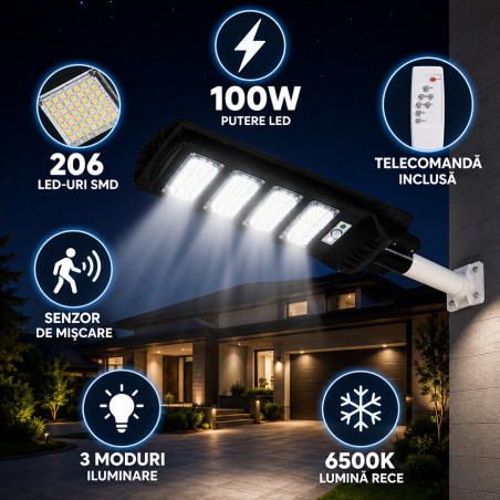 Lampa solara stradala 100W, senzor miscare, lumina alb rece 6500K, 3 moduri iluminare, telecomanda, aluminiu