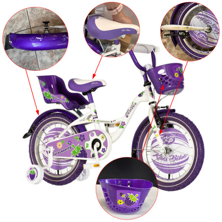 Bicicleta pentru copii, 16 inch, roti ajutatoare, scaun papusi, cos frontal, manere cauciucate, mov BLACKBERRY RESIGILAT