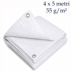 Prelata alba impermeabila cu ochiuri metalice, 4x5 m, pentru acoperire si protectie 55 g/mp
