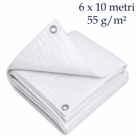 Prelata de acoperire alba cu ochiuri metalice, 6x10 m, utilizare universala, 55 g/mp