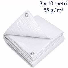Prelata PE alba 8x10 m, 55 g/mp, rezistenta la apa, inele metalice de fixare