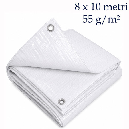 Prelata PE alba 8x10 m, 55 g/mp, rezistenta la apa, inele metalice de fixare