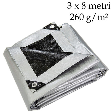 Prelata PE de inalta densitate, 3x8 m, 260 g/mp, inele metalice, impermeabila, rezistenta UV si inghet