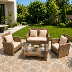 Set mobilier gradina Santorini, 4 piese, fotolii, canapea, masuta de cafea, poliratan bej