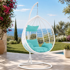 Fotoliu suspendat premium tip cuib, cadru metalic alb, perne Aqua, 103x107x195 cm, maxim 120 kg